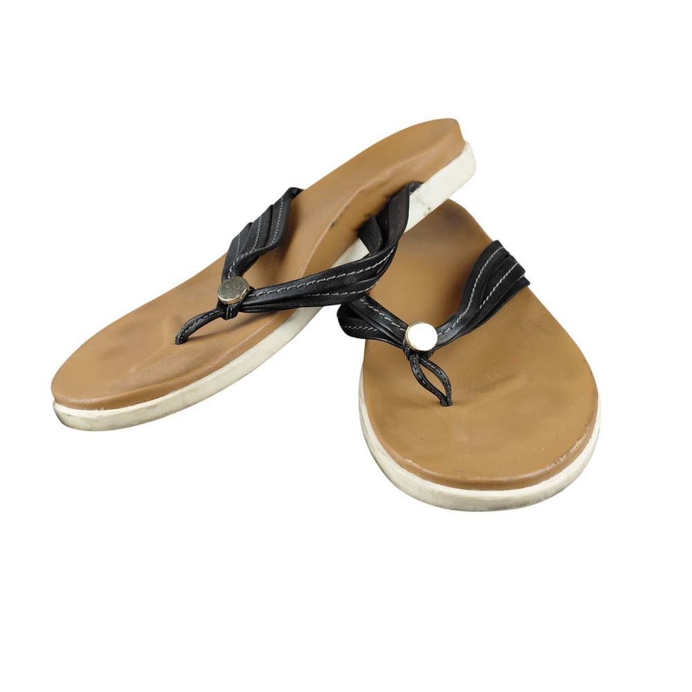 Vionic Womens 9M Black Orthotic Flip Flop Sandals Contoured Footbed Tan White